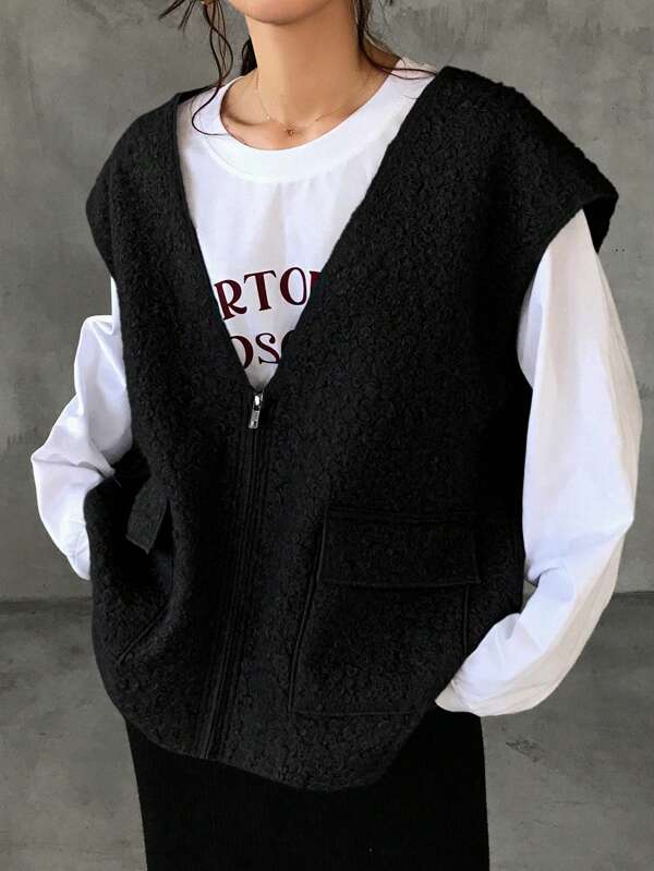 FRIFUL Women's Solid Color Sleeveless Casual Zip-Up Jacket Vest
