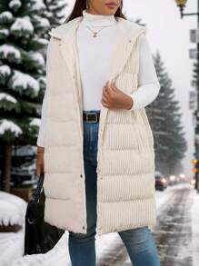 SHEIN LUNE Plus Size Women's Long Hooded Sleeveless Coat,Extra Thick Warm White Autumn Casual Hiking Padded Jackets,Full Zip Parkas With Pockets Winter Coats - Apricot - View 6