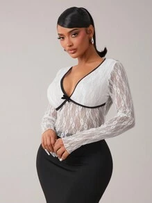 SHEIN SXY Autumn/Winter Sexy & Elegant White Lace Top, Black & White Contrast Long Sleeve T-Shirt - White - View 5