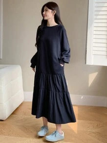 DAZY 女士纯色圆领长袖褶饰休闲秋冬连帽中长连衣裙，返校服装 - 藏蓝色 - 查看 2