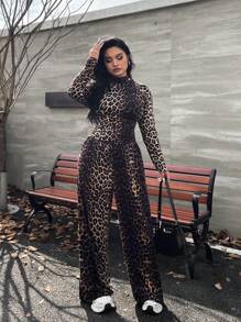 SHEIN EZwear 大码女式豹纹两件套服装，女士冬季服装 - 彩色 - 查看 4
