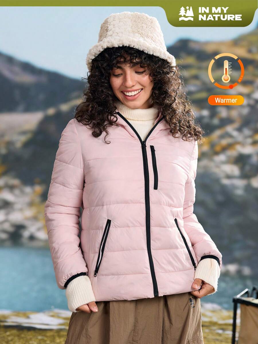 In My Nature 1pc Women Solid Color Hooded Zipper Front Long Sleeve Padded Coat, Winter - Pink - View 1
