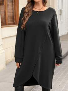 SHEIN Clasi Plus Size Solid Color Round Neck Criss-Cross Casual Versatile Women Long Sleeve Top