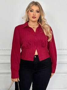 SHEIN VCAY Camisa casual de manga larga con botones, espalda fruncida, cintura ceñida y estilo vacacional western, en color caqui marrón para talla grande, ideal para ocasiones como Acción de Gracias - Caqui - Ver 5