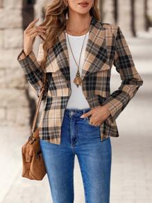 EMERY ROSE Chaqueta elegante de mujer con solapa de cuadros, manga larga y apertura frontal para el otoño, chaqueta corta de invierno para mujer - Caqui - Ver 4