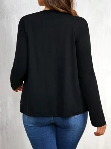 Plus Size Women's Round Neck Long Sleeve Casual Solid Color Patchwork Top - Apricot - View 2