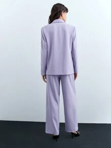 SHEIN X JIMENA & MATEO Maija Conjunto de blazer holgado de manga larga y pantalones rectos elegante para mujer, con detalles de bolsillos, hombreras acolchadas y doble botonadura en color morado, adecuado para fiestas elegantes navideñas y festivales