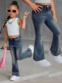 SHEIN Young Girl Y2K Retro Blue Denim Elastic Flare Pants,Girl Fall And Winter Clothes,Cute Denim Jeans