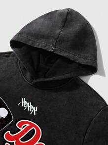 PAVTROS Manfinity Streetrush Men's Casual Letter Print Pullover Hoodie For Autumn, Fall And Winter, Men Graphic Black Long Sleeve Hoodies, Men's Street Style Washed Cotton Hoodie, Boyfriend Gifts, Christmas Gifts - Black - View 3