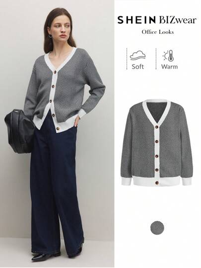 BizChic 黑白拼色开衫毛衣，时尚连帽长袖套头衫，女士专业办公服装，春夏，感恩节，新年，