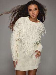 MISSGUIDED Oversized Knit Sweater Dress Fringe Cable Pattern Winter Fall Long Sleeve Cozy Chunky Pullover Mini Dress Evening Party - White - View 1