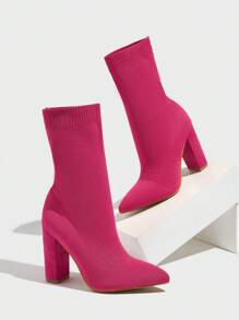 CUCCOO BASICS Botas de tobillo de punto de ajuste ceñido con tacón grueso y elástico de punta afilada para mujer, para el ambiente y los zapatos de primavera, Semana Santa - Rosa Fucsia - Ver 6