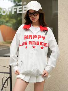 SHEIN Explorewe Teen Girls' Casual Collegiate Striped Letter Graphic Colorblock Jacket - Multicolor - View 1