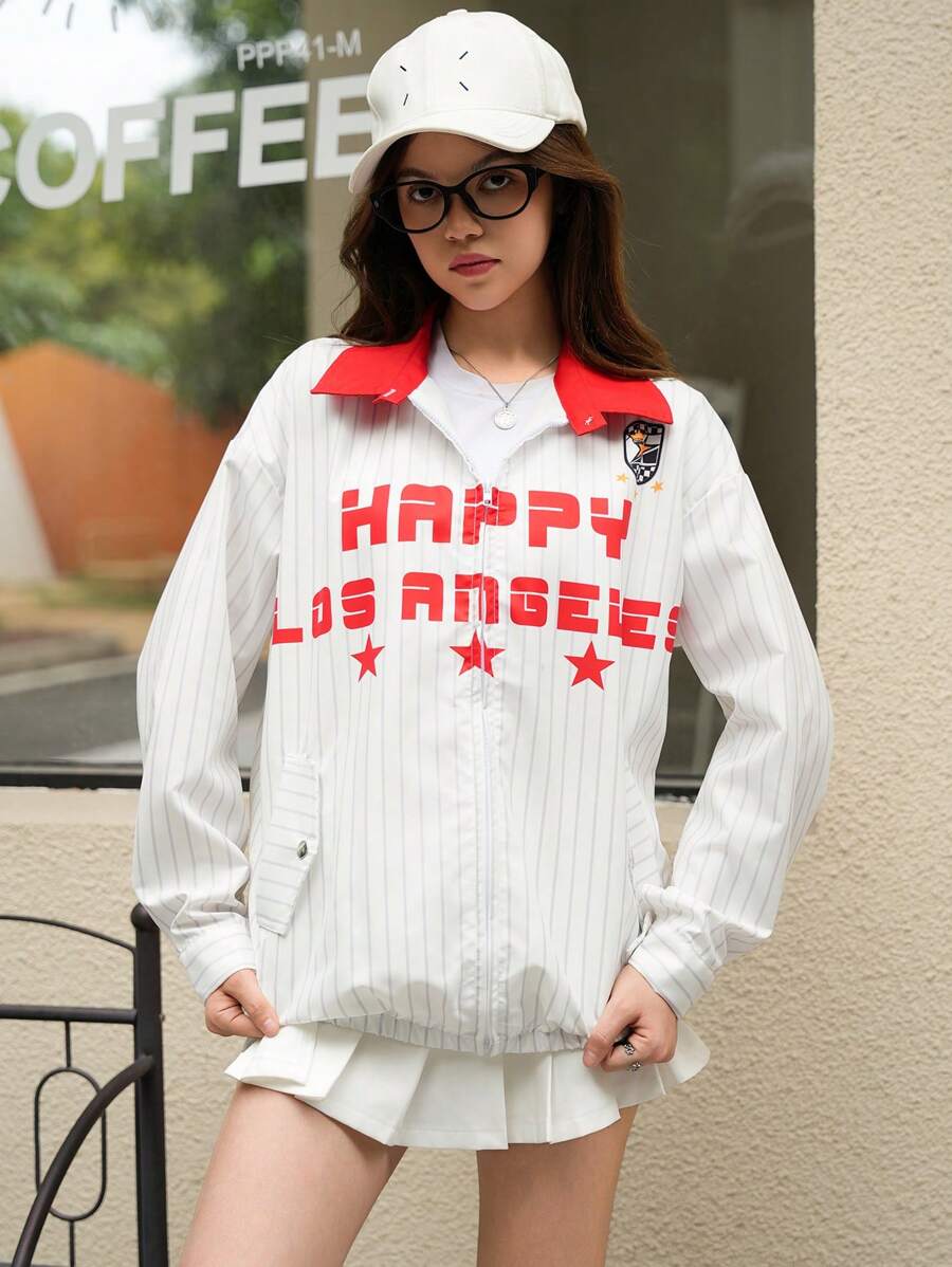SHEIN Explorewe Teen Girls' Casual Collegiate Striped Letter Graphic Colorblock Jacket - Multicolor - View 1