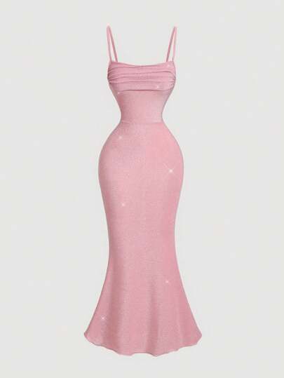 SHEIN MOD Vestido largo con pliegues en el busto y dobladillo de cola de pez en color rosa, vestido de mujer para playa, fiesta, noche, vacaciones. Vestido formal, vestido de pastel para mujer, conjunto de fiesta