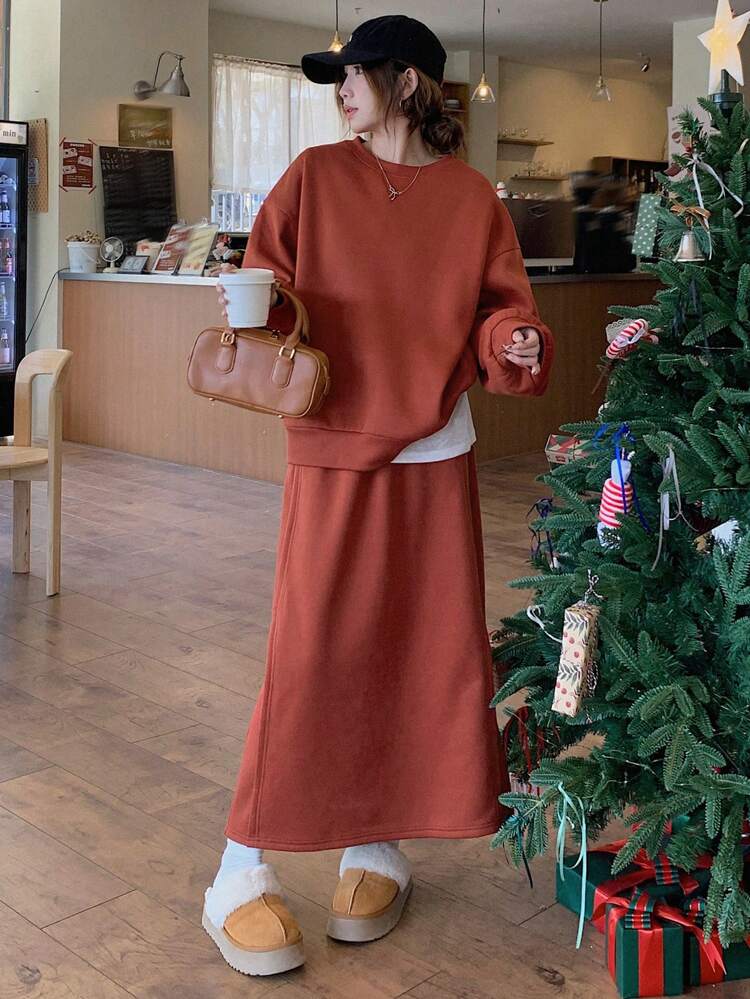 2pcs/Set Women Casual Crew Neck Long Sleeve Top And Skirt Set Fall,Winter Christmas,New Year Lounge Sets For Women