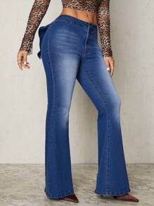 SHEIN SXY Quần Jeans Ống Loe Nữ Đính Nơ Quyến Rũ & Quyến Rũ - Màu xanh lam - Xem 6