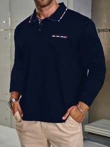 Manfinity Homme Plus Size Men's Casual Plaid Trim Tennis Polo Shirt, Autumn