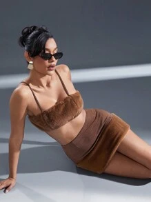 Hauture Women Plain Color Furry Patchwork Minimalist Skirt, Casual Everyday Wear