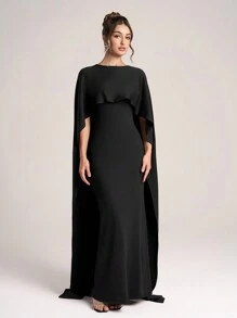 SHEIN Belle Ladies' Solid Color Fitted Simple Casual Long Formal Gown Gown Jacquard Dress Valentine's Day Dress Valentine's Day Dress Black Cocktail Dress Women's Christmas Black Evening Dress Formal Party Dresses Autumn And Winter Black Sexy Mesh Long Sleeve Bridesmaid Dress - Black - View 3