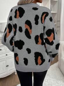 SHEIN LUNE Jersey casual de cuello redondo de manga larga con detalle de estampado de leopardo para mujer