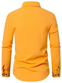 Manfinity Mode Áo sơ mi nam tay dài cài nút phía trước màu trơn đơn giản, thiết kế đơn giản để mặc hàng ngày - Màu vàng - Xem 2