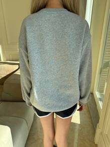 SHEIN Áo chui đầu cổ tròn dệt kim hoa thạch nam cho bé gái tuổi teen, thường ngày, rộng rãi, đính nơ ren - Xám - Xem 2