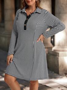 EMERY ROSE Große Größen vintage Hahnentrittmuster Knopfverschluss Halbkrempelkragen Kleid, Herbst - Schwarz und Weiss - Übersicht 2