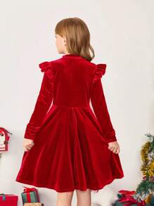 Tween Girl Solid Color Velvet Knit Ruffle Trim Long Sleeve Red Dress, Suitable For Kid Christmas - Red - View 3