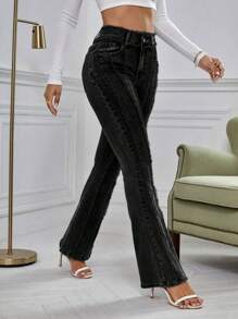 SHEIN Essnce Jeans de mezclilla de estilo informal con efecto crudo y volado en las piernas para mujer - Negro - Ver 1