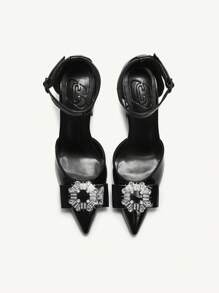 CUCCOO CHICEST Women's V-Cut Low Vamp Criss-Cross Strap Elegant Pointed Toe Buckle Belt Decor Metal PU Leather High Heel Shoes, Spring & Summer New Arrival For Christmas And New Year Holiday Vibe Fall And Winter - Black - View 1