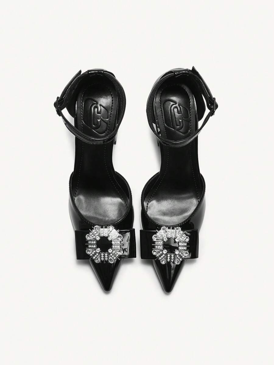 CUCCOO CHICEST Women's V-Cut Low Vamp Criss-Cross Strap Elegant Pointed Toe Buckle Belt Decor Metal PU Leather High Heel Shoes, Spring & Summer New Arrival For Christmas And New Year Holiday Vibe Fall And Winter - Black - View 1