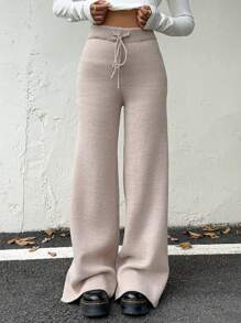 SHEIN Essnce Women's Solid Color Waist Tie Loose Fit Thermal Lined Sweater Pants, Casual, Autumn/Winter