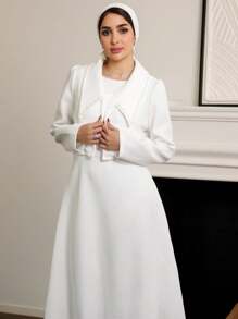 Modelyn 2pcs Women's Solid Color Long Sleeve Top And Square Neck Sleeveless Dress Set 2 Pieces Set - White - View 2