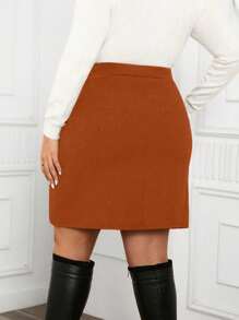 SHEIN Clasi Plus Size Elegant Contrast Color Lace Panel Skirt, Autumn - Rust Brown - View 2
