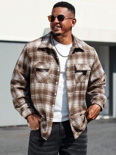 Manfinity Homme Plus Size Men's Plaid Long Sleeve Single Breasted Casual Shacket With Pockets, Autumn Casual Going Out Shacket, For Friends, Husband, Boyfriend Gifts