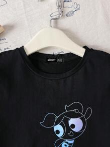 THE POWERPUFF GIRLS X SHEIN Tween Girl Casual Cartoon Print Round Neck Short Sleeve T-Shirt, Summer
