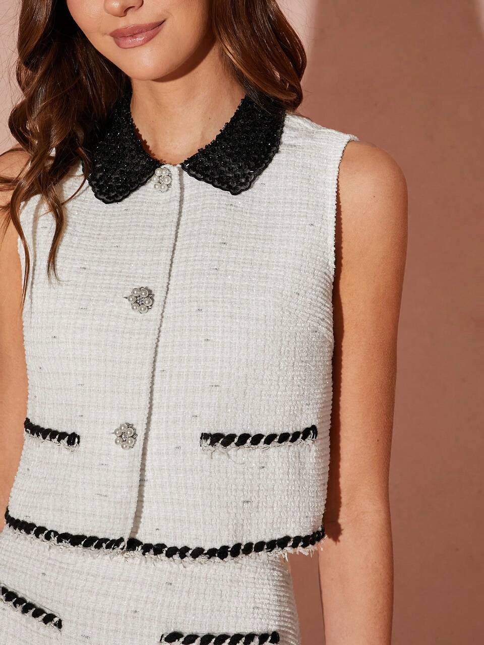 Women's White And Black Tweed 2 Pieces Set,Autumn Elegent Office Sleeveless Vest Jacket&Skirt Outfit,Faux Pearl Button Contrast Color Suit