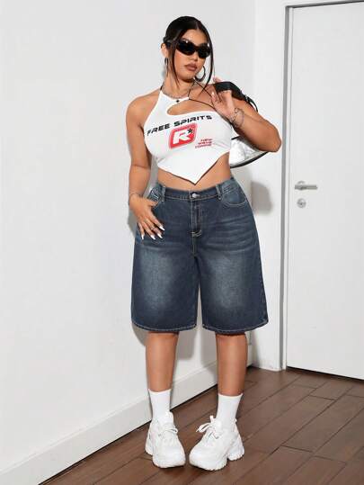 Dripcurv Blue Plus Size Denim Shorts Street Sexy Loose Pants Y2k Diagonal Pocket Denim Capris