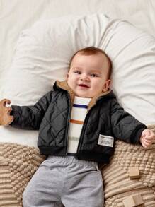 SHEIN 新生男婴/女婴可爱字母贴片毛绒衬里拉链连帽绗缝夹克，厚保暖衬里，适合秋冬季 - 藏蓝色 - 查看 2