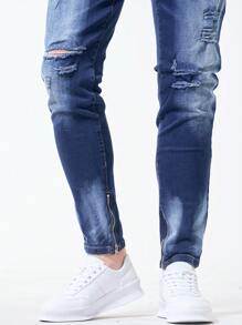 Manfinity Homme Men's Pocket Distressed Minimalist Casual Super Skinny Jeans, Frayed Plain Dark Blue Slim Fit Long Ripped Jeans, For Husband, Boyfriend Gifts - Dark Wash - View 5