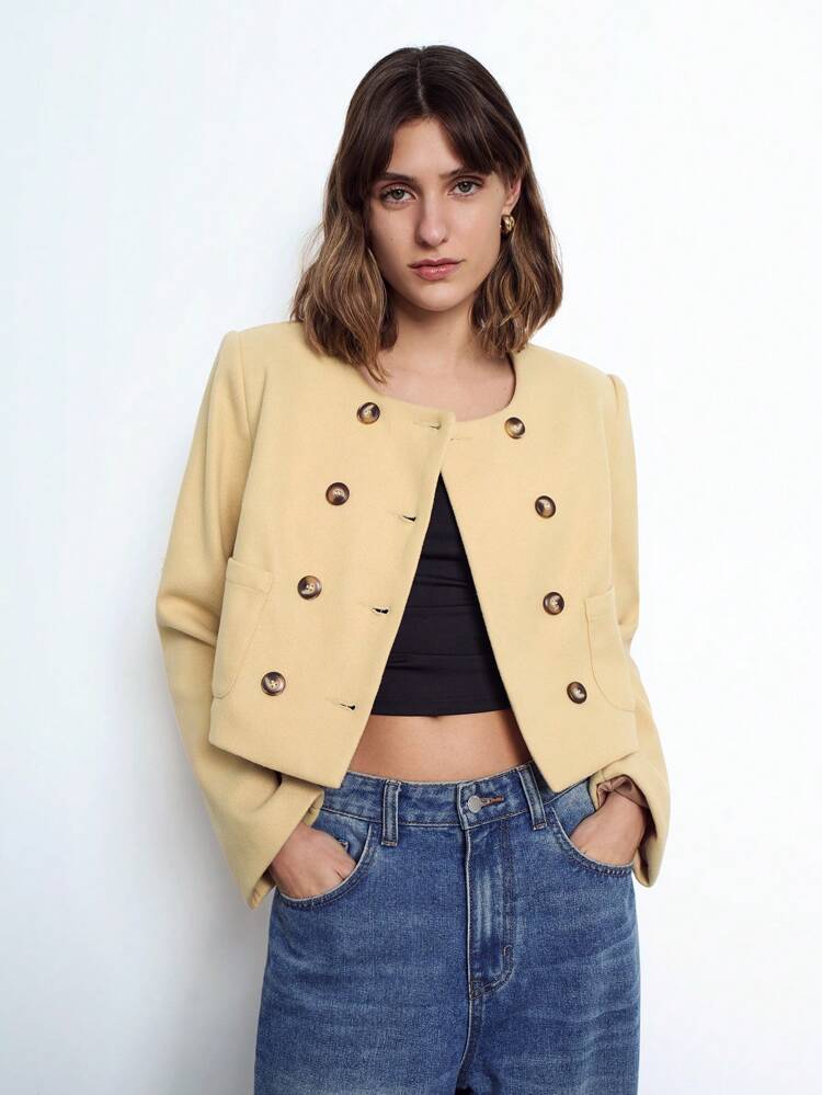SHEIN Maija Women's Light Yellow Double-Breasted Design Jacket, Autum/Winter Apparel, Modern & Comfortable, Padded Shoulder, Short Length, Long Sleeve, Round Neck, No Collar, Business Casual