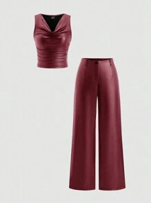 SHEIN Unity 2pcs Set: Draped Neck Pleated Vest & Straight Leg PU Leather Pants - Burgundy - View 1