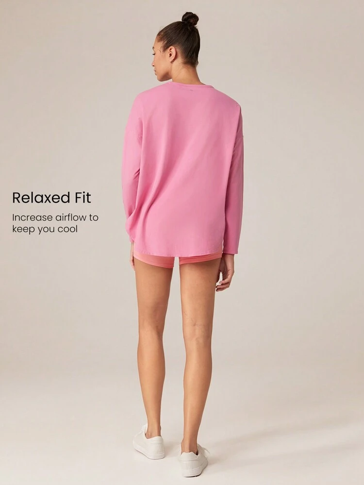 Pima Cotton Oversized Long Sleeve Curved Slit Hem Round Neck Tee Daily Casual