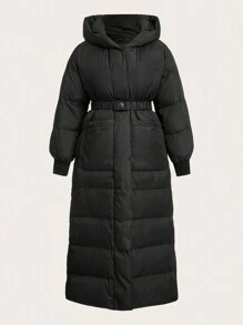 SHEIN EZwear Abrigo acolchado con capucha, cintura con cordón, unicolor, casual, talla grande, para invierno