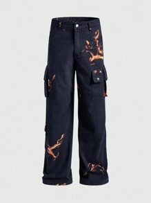 ROMWE MEN Street Life Casual Flame Print Cargo Jeans For Men - Black - View 5