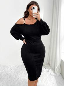 SHEIN Clasi 大码纯色露肩长袖休闲短裙 - 黑色 - 查看 6