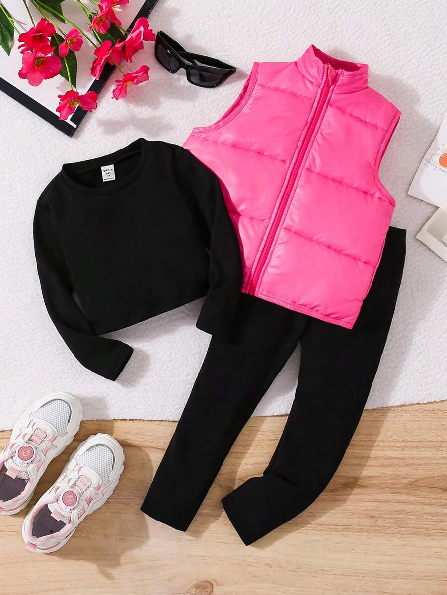 SHEIN 3 件套年轻女孩立领加垫背心、修身针织 T 恤和修身针织长裤，温暖冬季服装 - 彩色 - 查看 1