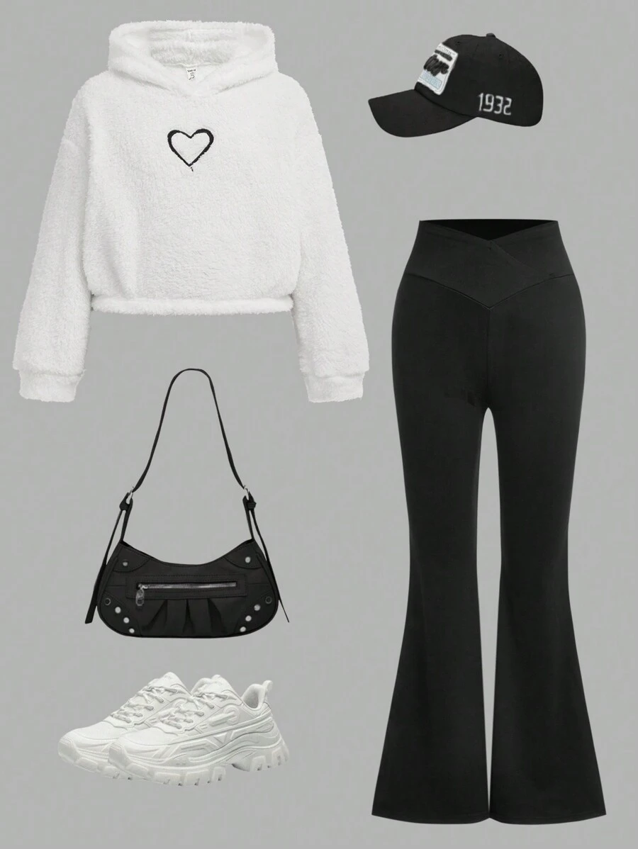 2pcs/Set Tween Girls Loose Casual Comfy Hoodie Sweatshirt With Heart Graphic Embroidery & Flared Pants
