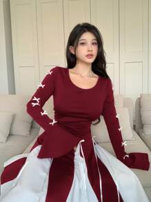 Feyla Đầm mini thanh lịch cổ tròn tay loe trang trí nơ màu thu cho nữ - Màu Đỏ Sâu - Xem 5